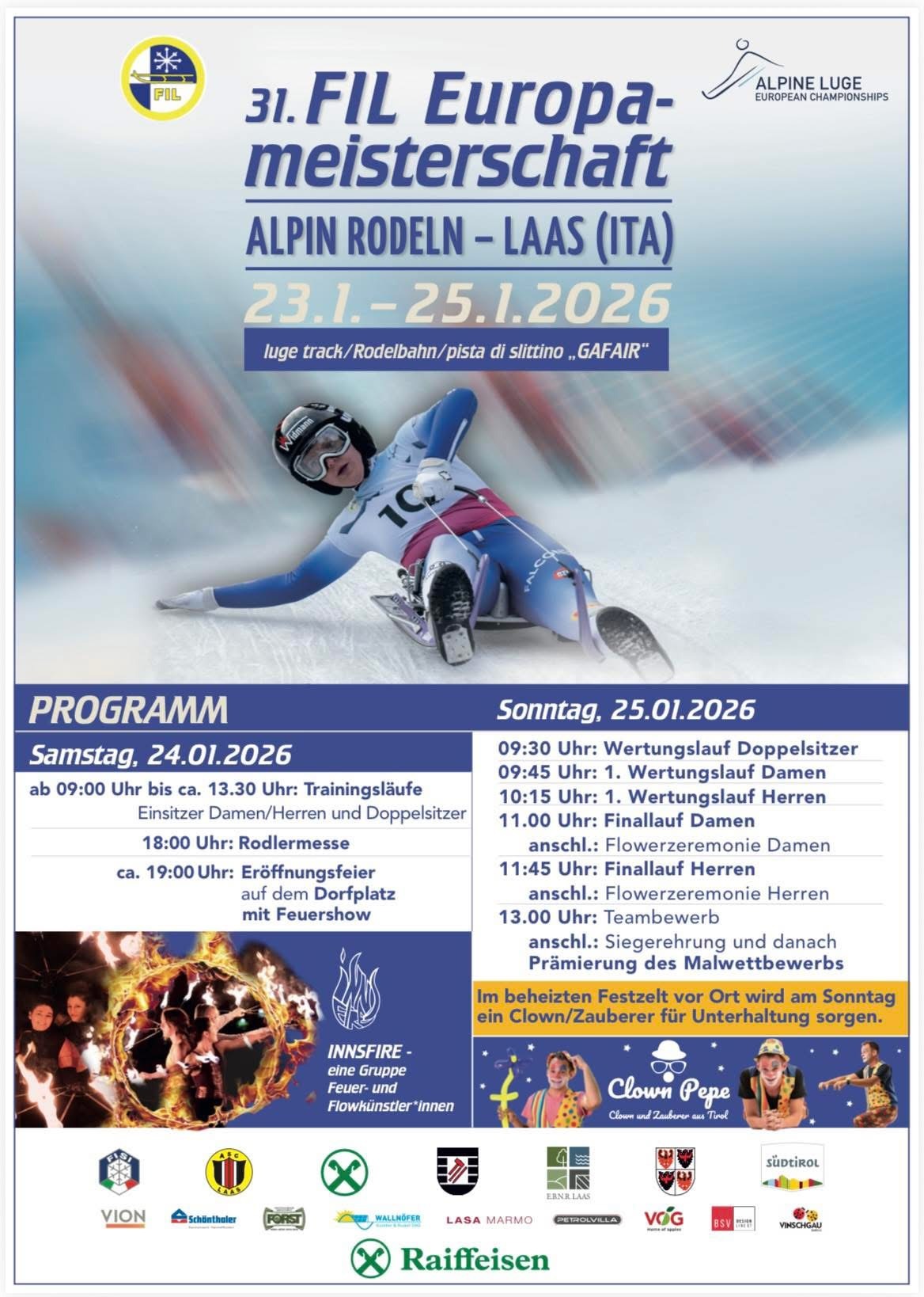 Europameisterschaft Naturrodeln in Vinschgau mit Clown Pepe